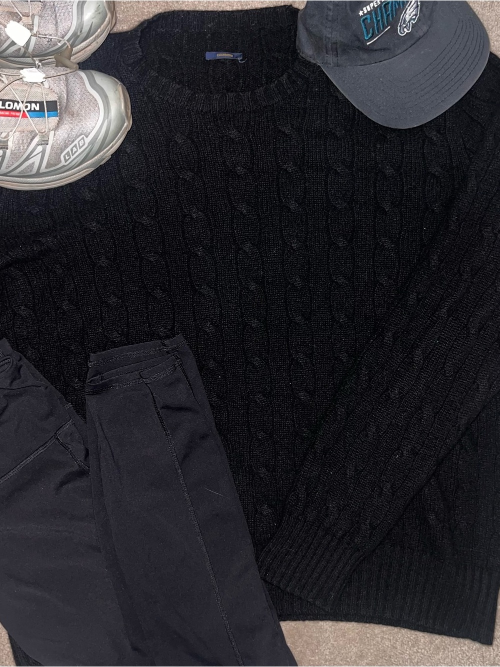100% Cashmere Black Cable Knit Sweater | Classic Crewneck